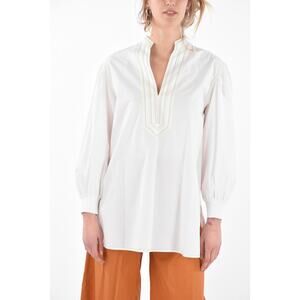 Tory Burch White Long Sleeve Tunic Blouse Blue Yellow Green Embroidery
